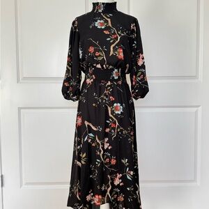 Nanette Lepore Black Floral High-Neck Smocked-Waist Midi Dress
